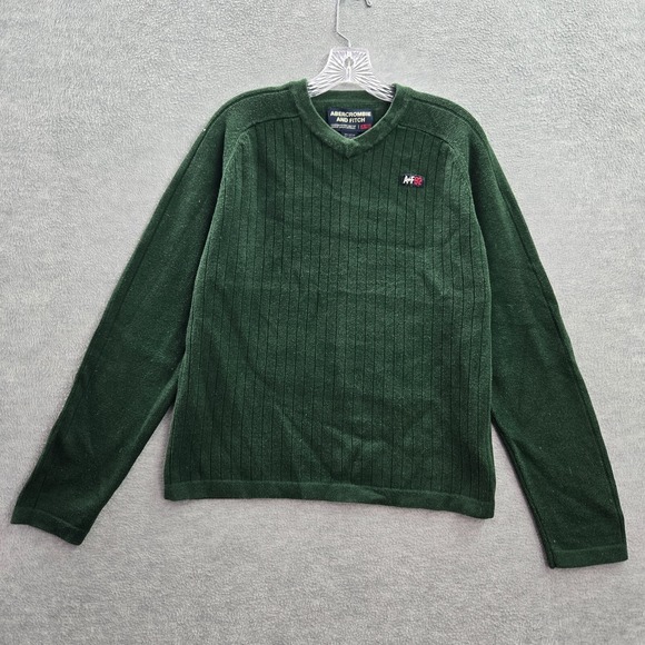 VINTAGE Abercrombie & Fitch Men Sweater Large Green Ribbed Logo A/92 V Neck - Picture 1 of 9